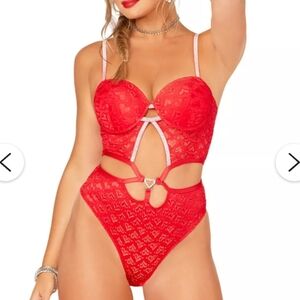 Body Rage Red Heart Lace Bodysuit W/Silver Sparkly Straps & Rhinestone Heart (M)